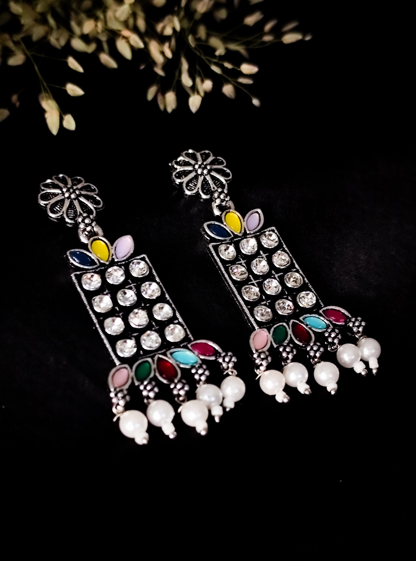 Silver Oxidised Multicolour Stone Dangle Earrings with Pearls – Vivoura Jewellery