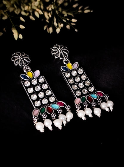 Silver Oxidised Multicolour Stone Dangle Earrings with Pearls – Vivoura Jewellery