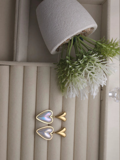 Iridescent Heart Drop Earrings – Gold Plated Dual Heart Design | Vivoura Jewellery