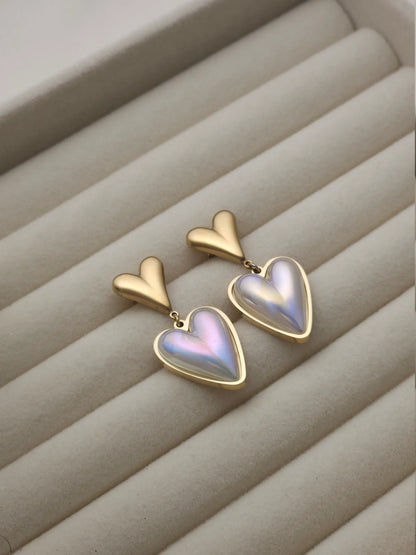 Iridescent Heart Drop Earrings – Gold Plated Dual Heart Design | Vivoura Jewellery