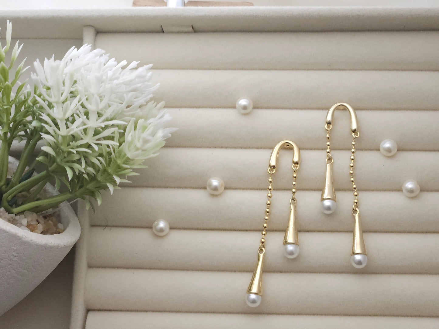 Gold Pearl Drop Chain Earrings – Elegant Double Dangle Design | Vivoura Jewellery