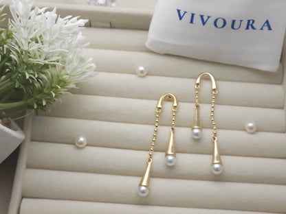 Gold Pearl Drop Chain Earrings – Elegant Double Dangle Design | Vivoura Jewellery