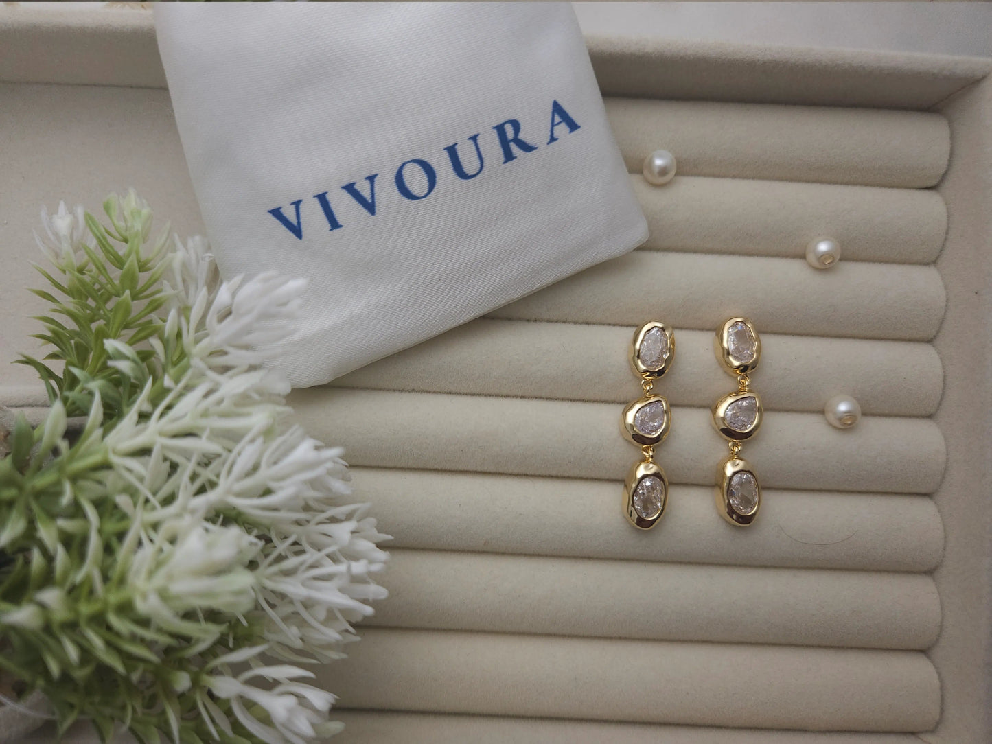 Gold-Plated Drop Earrings with Clear Stones – Vivoura Jewellery