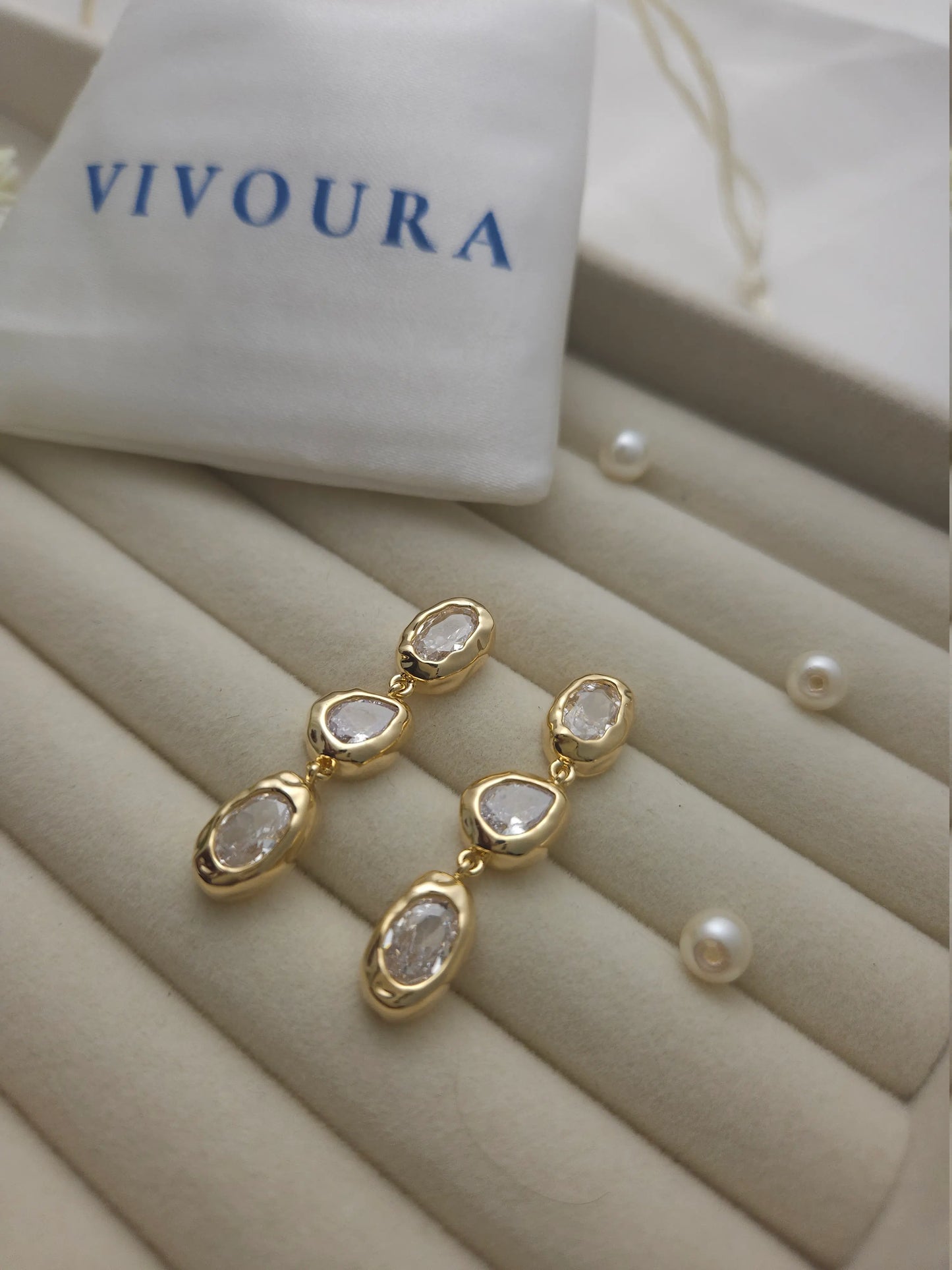 Gold-Plated Drop Earrings with Clear Stones – Vivoura Jewellery