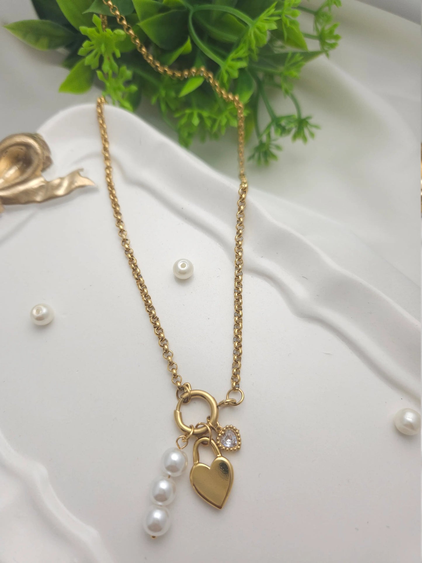 Gold Heart Lock Charm Necklace with Pearl Trio – Playful Romantic Jewelry