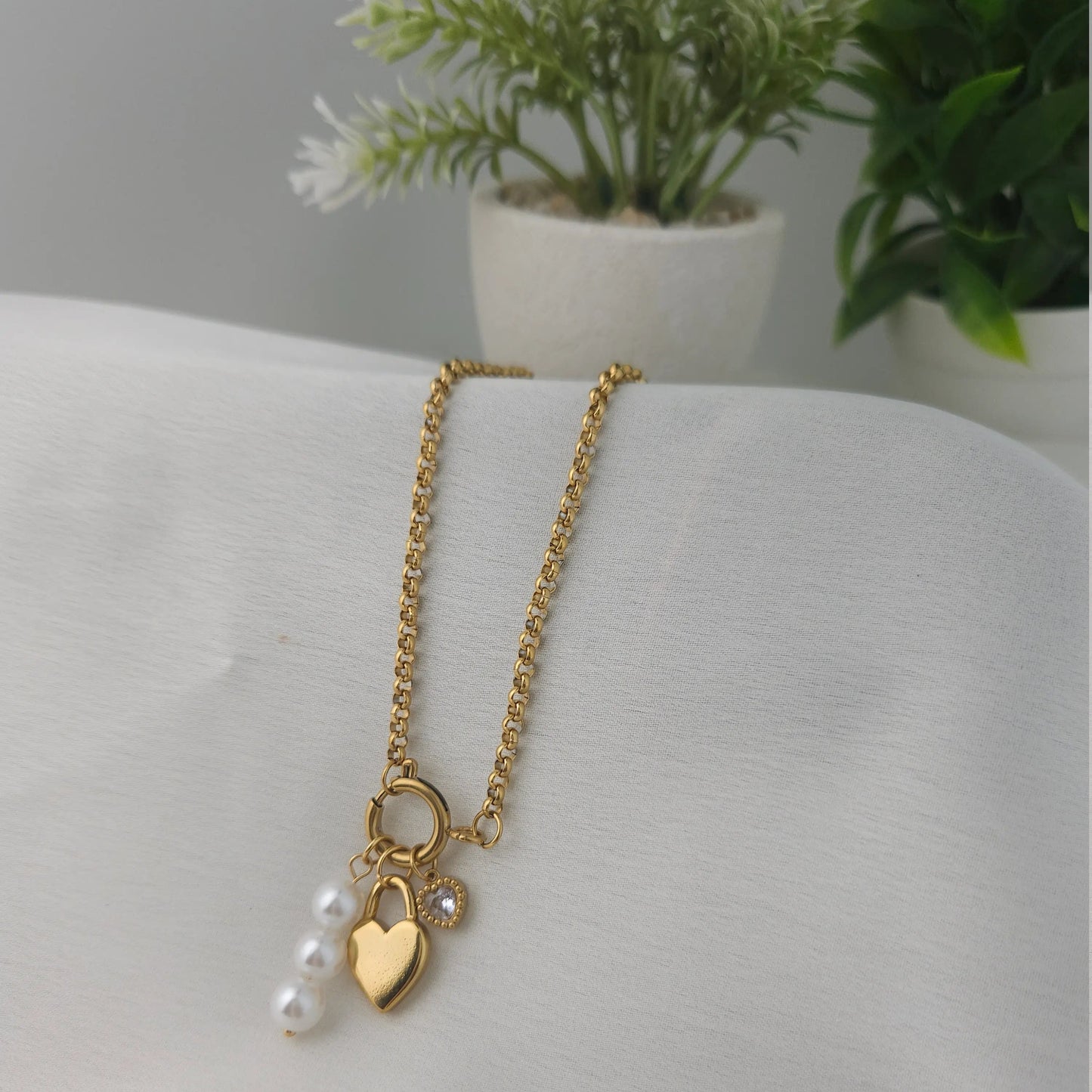 Gold Heart Lock Charm Necklace with Pearl Trio – Playful Romantic Jewelry