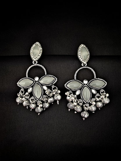 Oxidised Silver Floral Mirror Earrings with Bead Danglers – Vivoura Jewellery