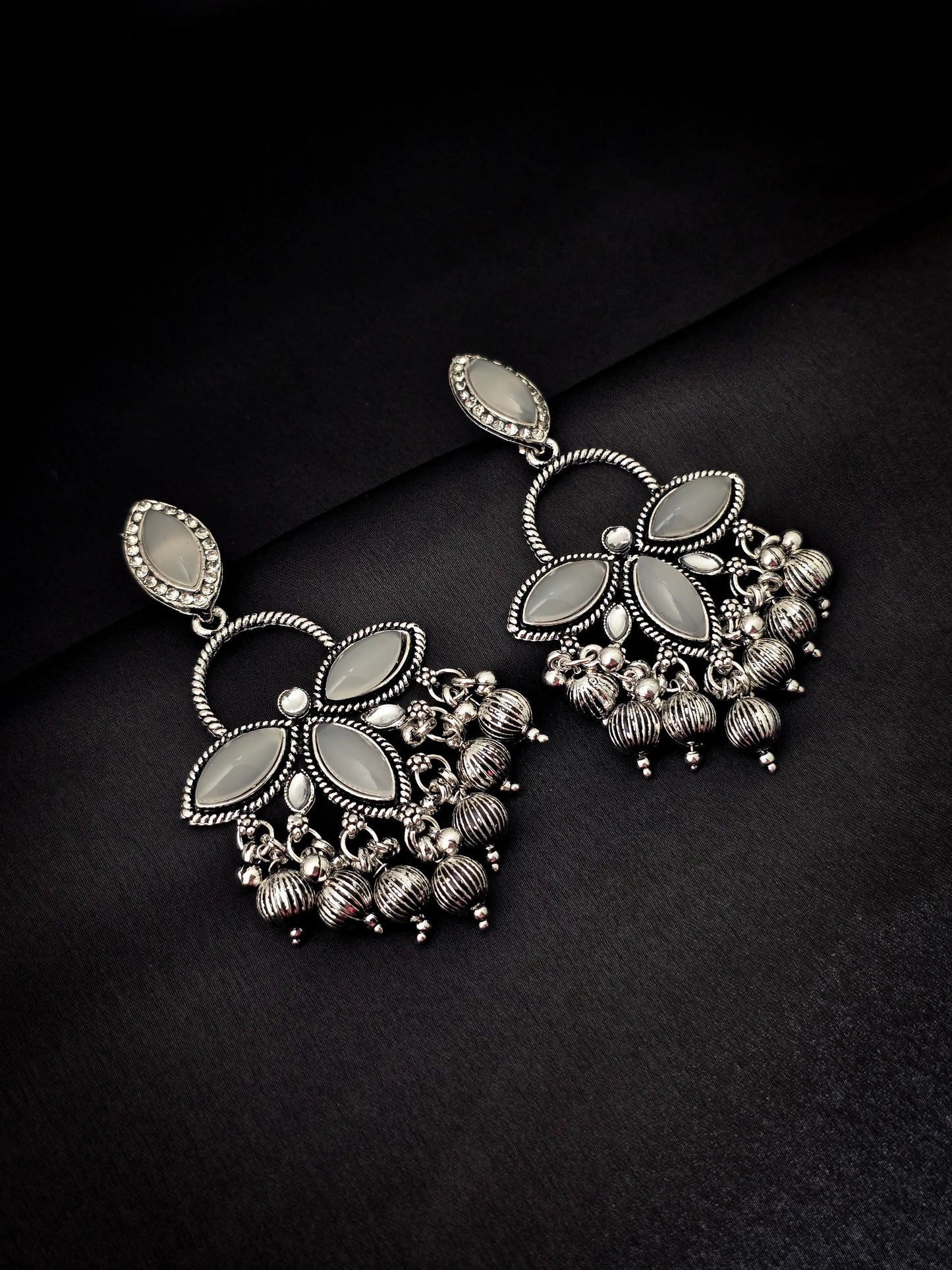 Oxidised Silver Floral Mirror Earrings with Bead Danglers – Vivoura Jewellery