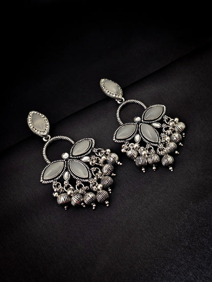 Oxidised Silver Floral Mirror Earrings with Bead Danglers – Vivoura Jewellery