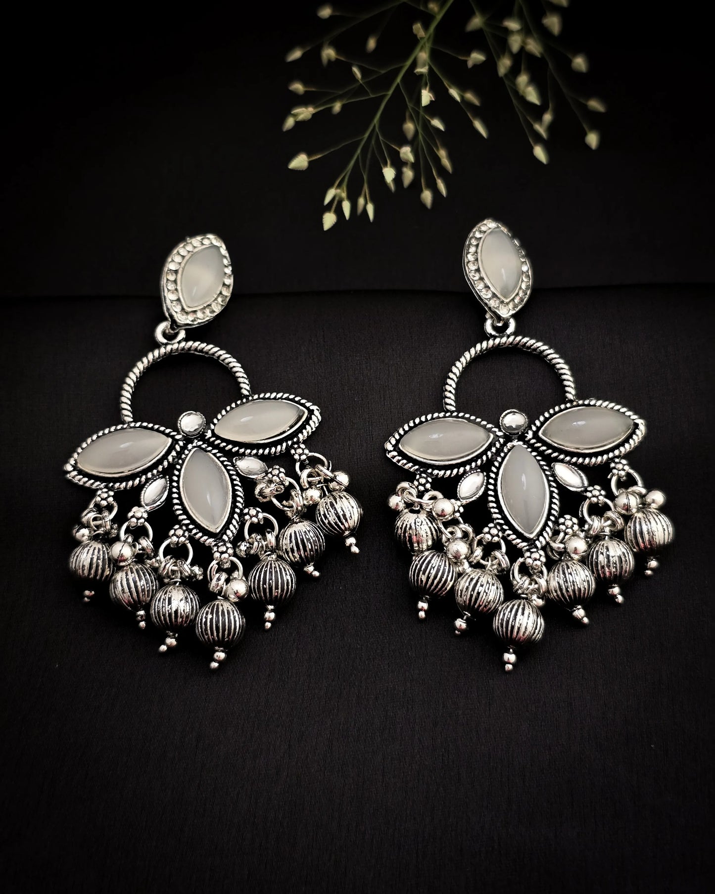 Oxidised Silver Floral Mirror Earrings with Bead Danglers – Vivoura Jewellery