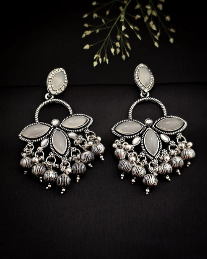 Oxidised Silver Floral Mirror Earrings with Bead Danglers – Vivoura Jewellery