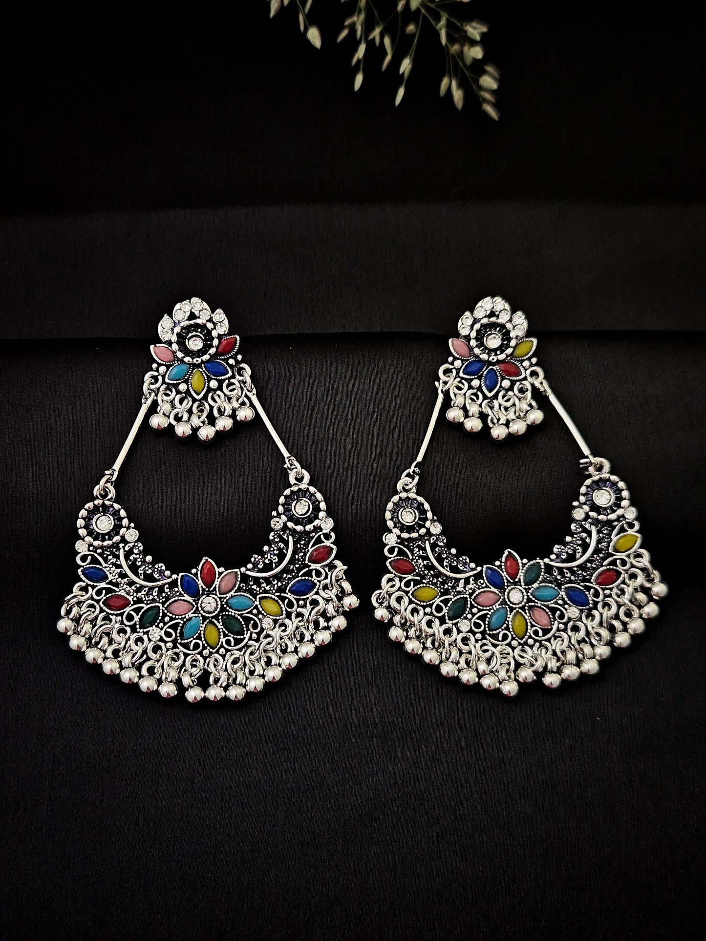 Oxidised Silver Multicolour Chandbali Earrings with Beads – Vivoura Jewellery