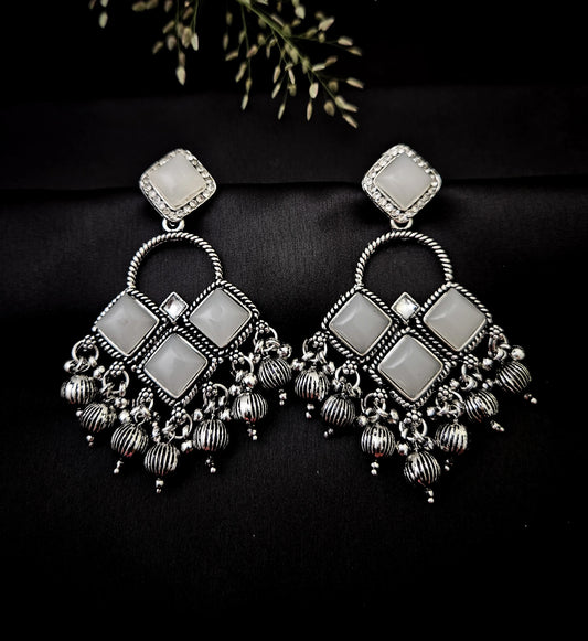 Oxidised Silver Square Mirror Earrings with Bead Drops – Vivoura Jewellery