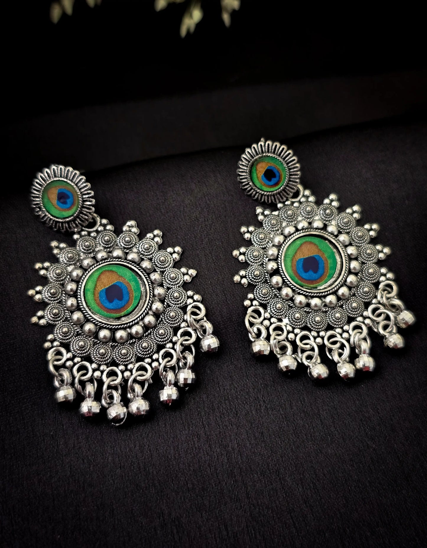 Oxidised Silver Peacock Design Earrings with Bead Danglers – Vivoura Jewellery