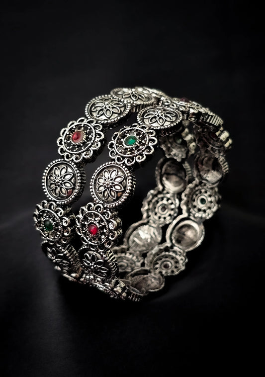 Oxidised Silver Floral Antique Bangles with Red & Green Stones – Vivoura Jewellery