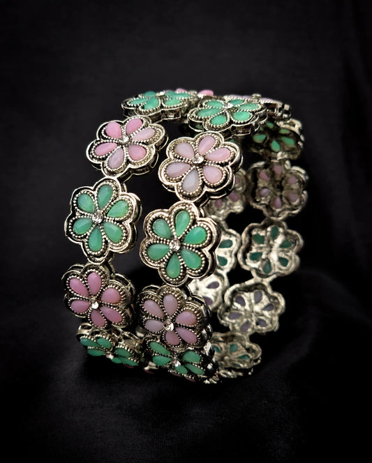 Oxidised Silver Floral Bangles with Green & Pink Stones – Vivoura Jewellery