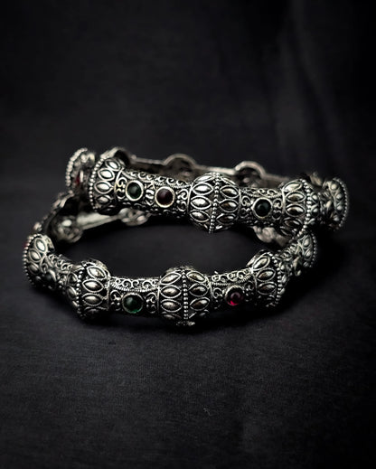 Oxidised Silver Antique Bangles with Multicolour Stone Detailing – Vivoura Jewellery