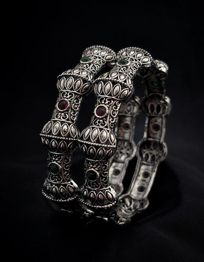 Oxidised Silver Antique Bangles with Multicolour Stone Detailing – Vivoura Jewellery