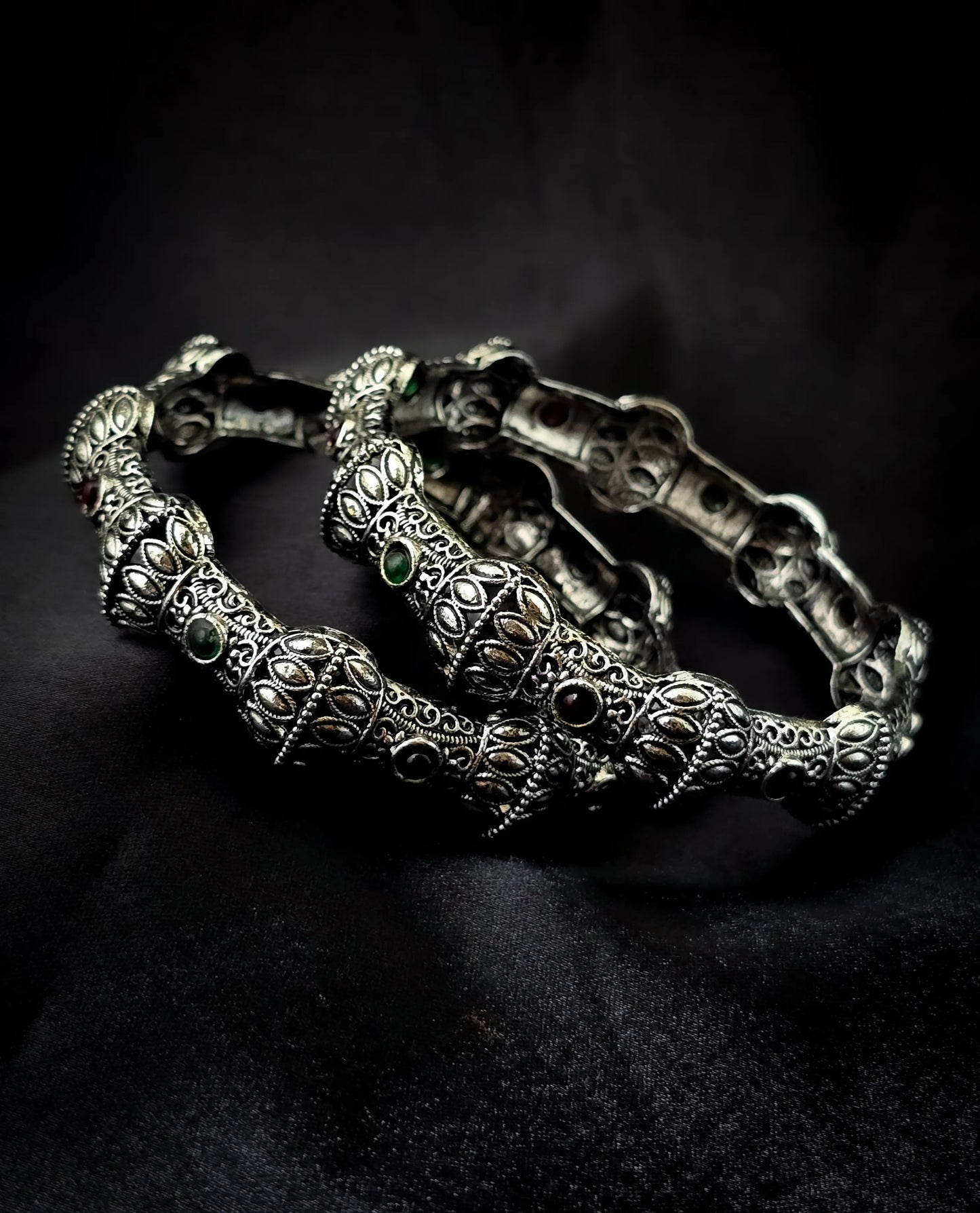 Oxidised Silver Antique Bangles with Multicolour Stone Detailing – Vivoura Jewellery