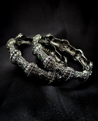 Oxidised Silver Antique Bangles with Multicolour Stone Detailing – Vivoura Jewellery