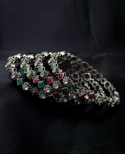Oxidised Silver Bangles with Red & Green Stones – Vivoura Jewellery