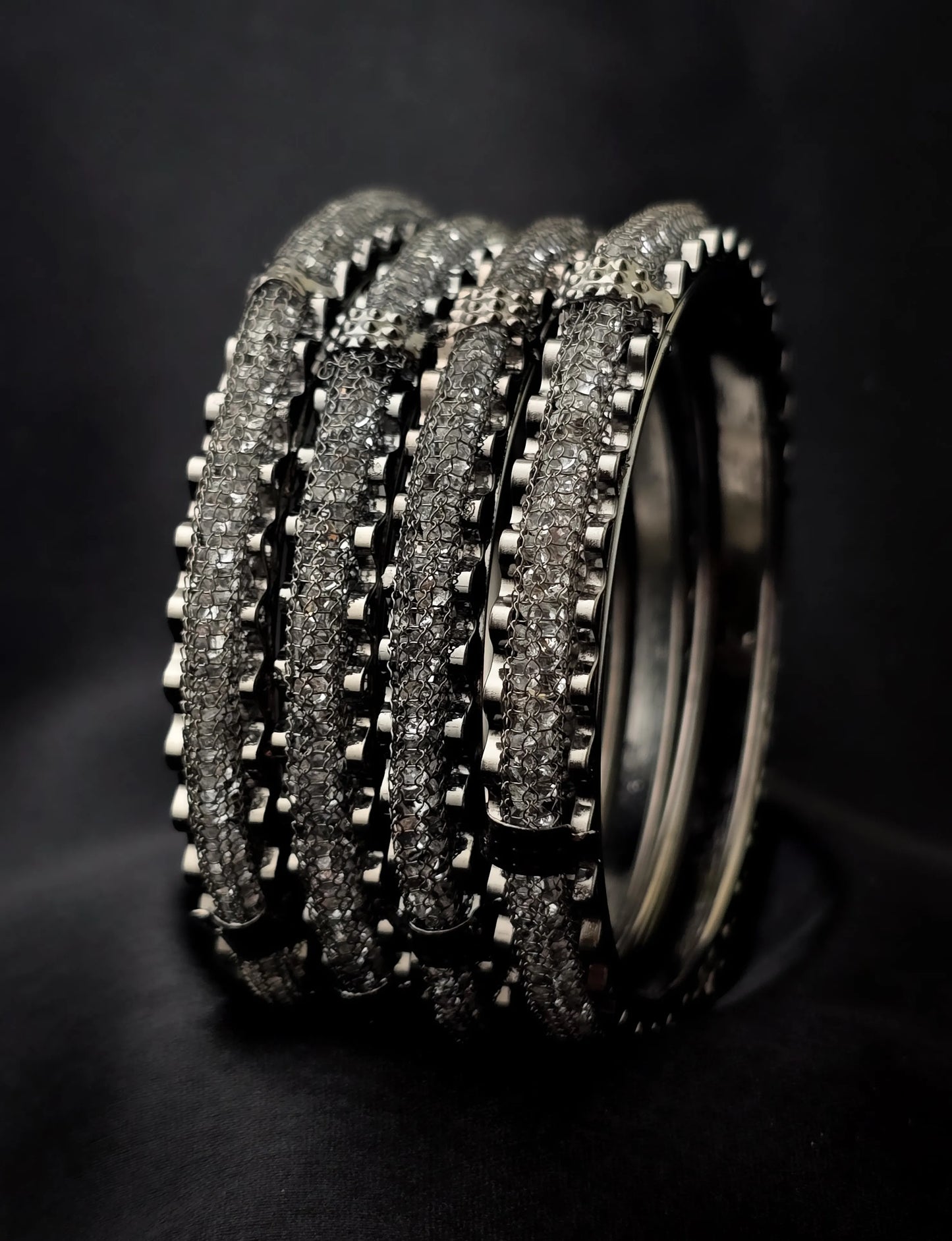 Black Silver Sparkling Stone-Studded Bangles – Vivoura Jewellery