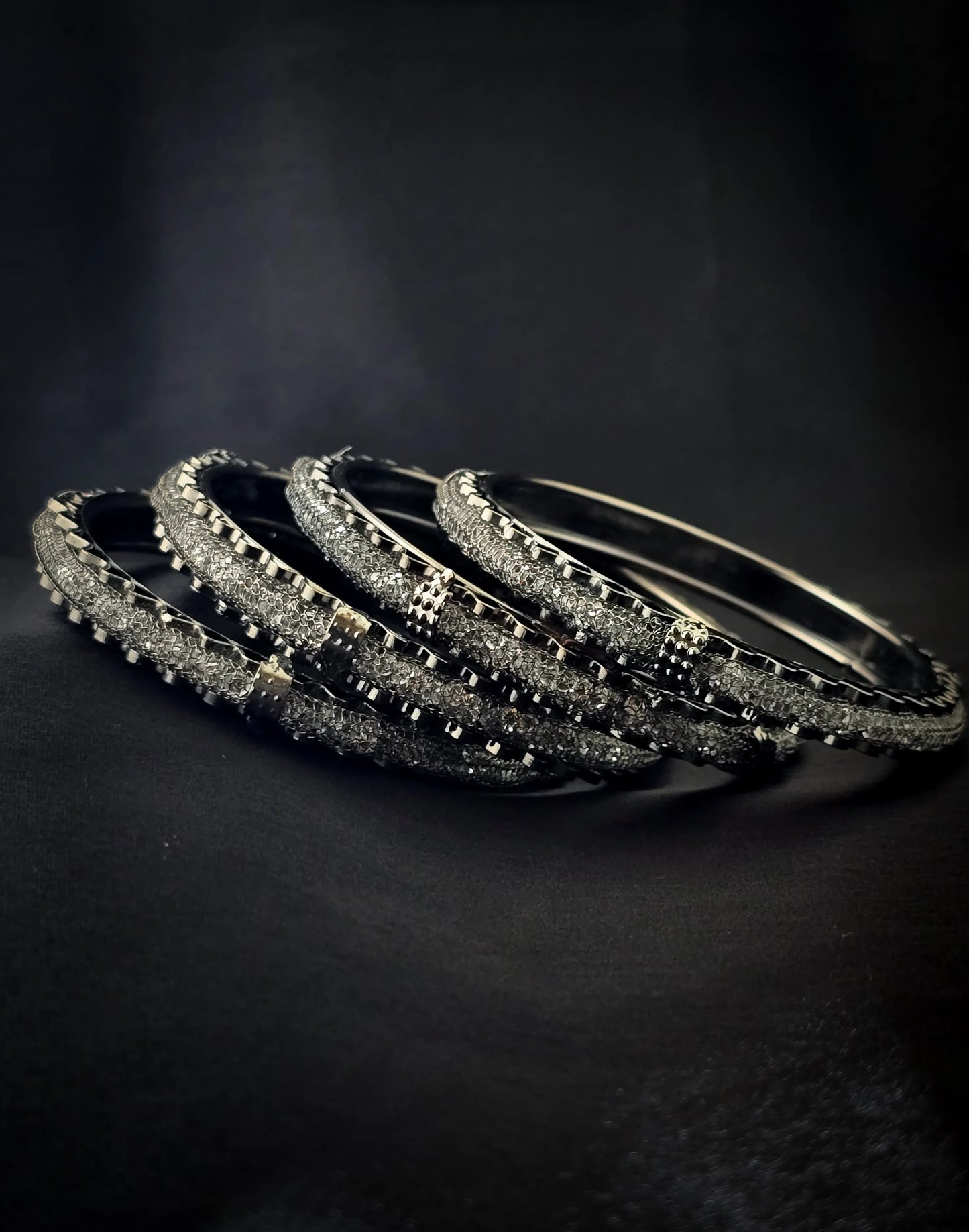 Black Silver Sparkling Stone-Studded Bangles – Vivoura Jewellery