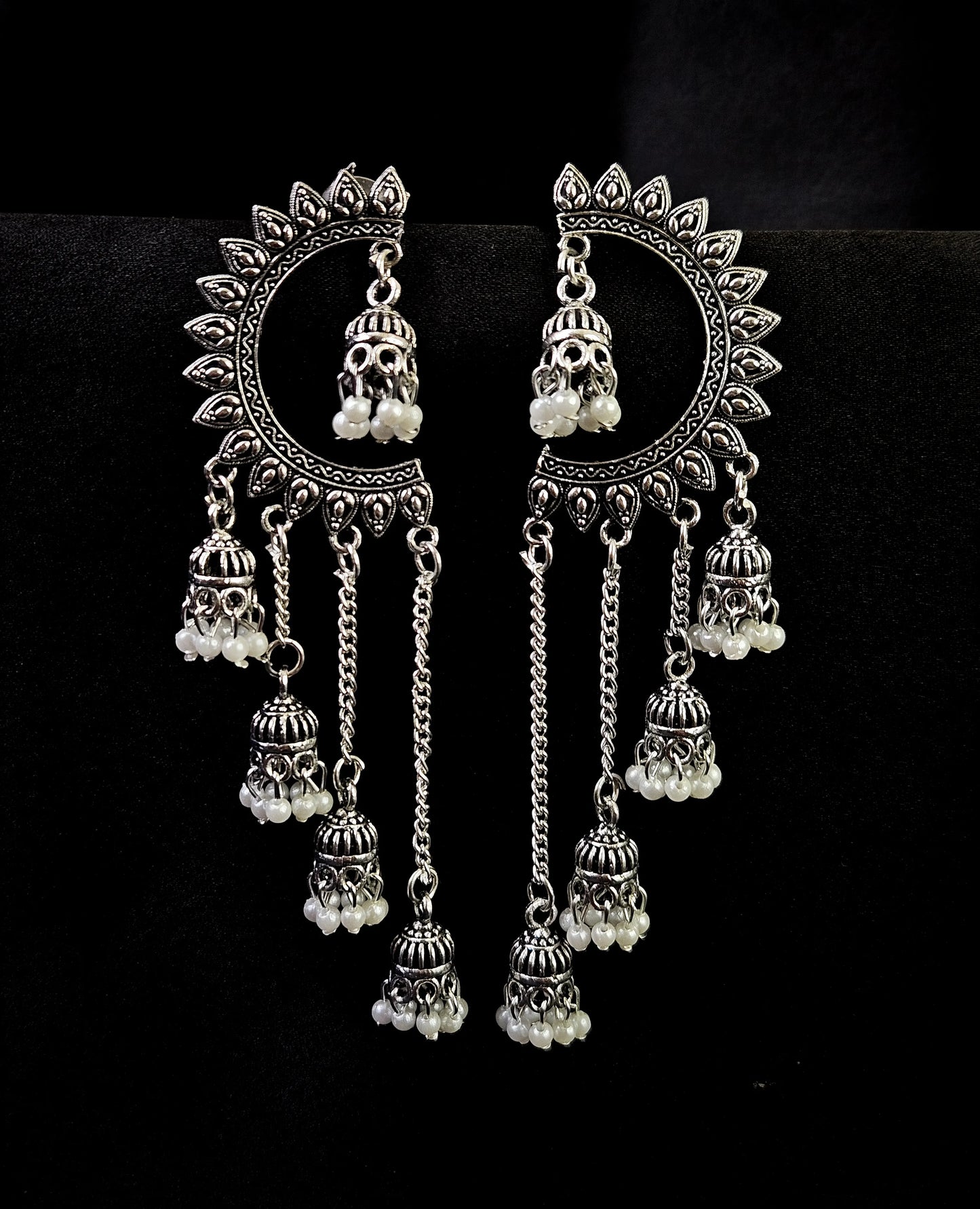 Oxidised Silver Chandbali Earrings with Pearl Jhumka Chains – Ethnic Statement Jewellery