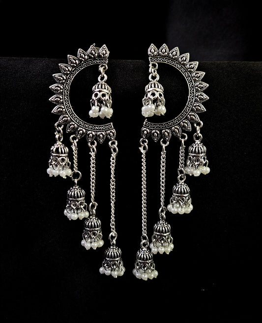 Oxidised Silver Chandbali Earrings with Pearl Jhumka Chains – Ethnic Statement Jewellery
