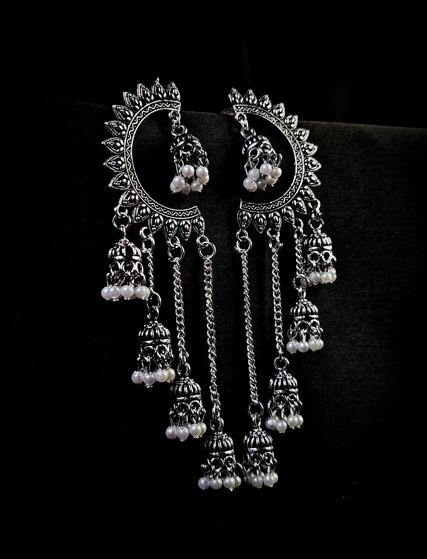 Oxidised Silver Chandbali Earrings with Pearl Jhumka Chains – Ethnic Statement Jewellery