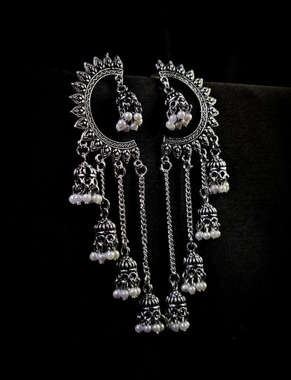Oxidised Silver Chandbali Earrings with Pearl Jhumka Chains – Ethnic Statement Jewellery