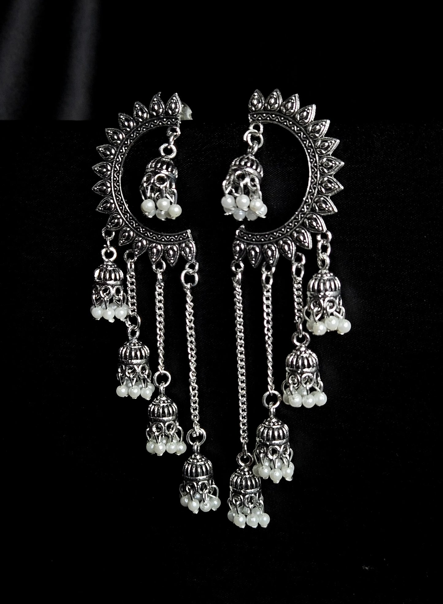 Oxidised Silver Chandbali Earrings with Pearl Jhumka Chains – Ethnic Statement Jewellery