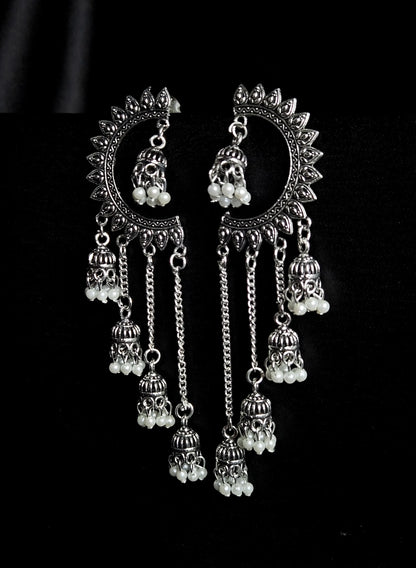 Oxidised Silver Chandbali Earrings with Pearl Jhumka Chains – Ethnic Statement Jewellery