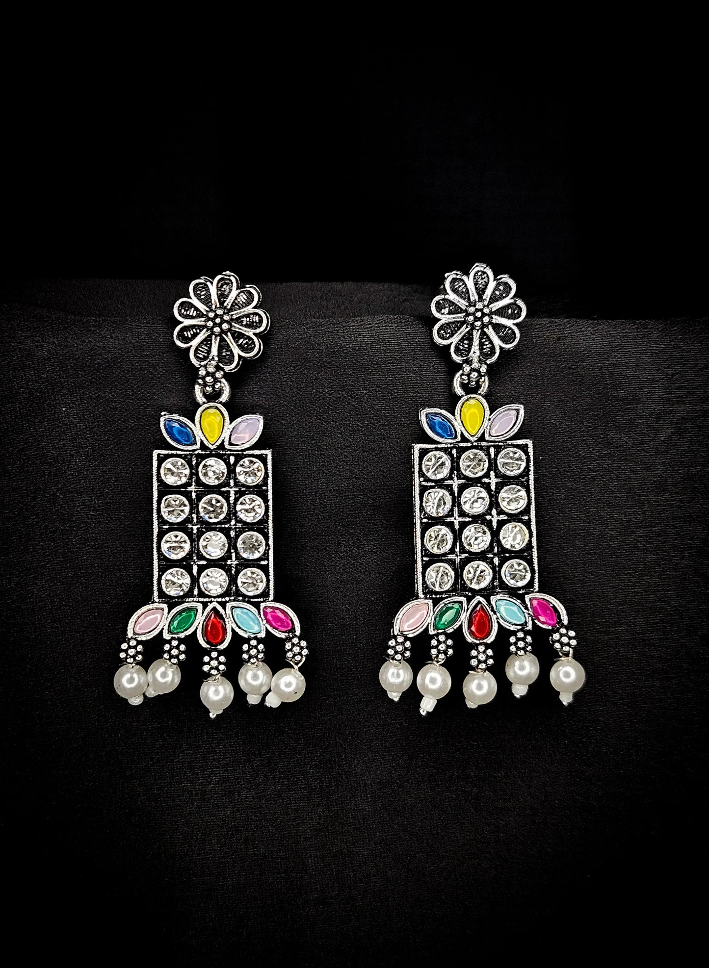 Silver Oxidised Multicolour Stone Dangle Earrings with Pearls – Vivoura Jewellery