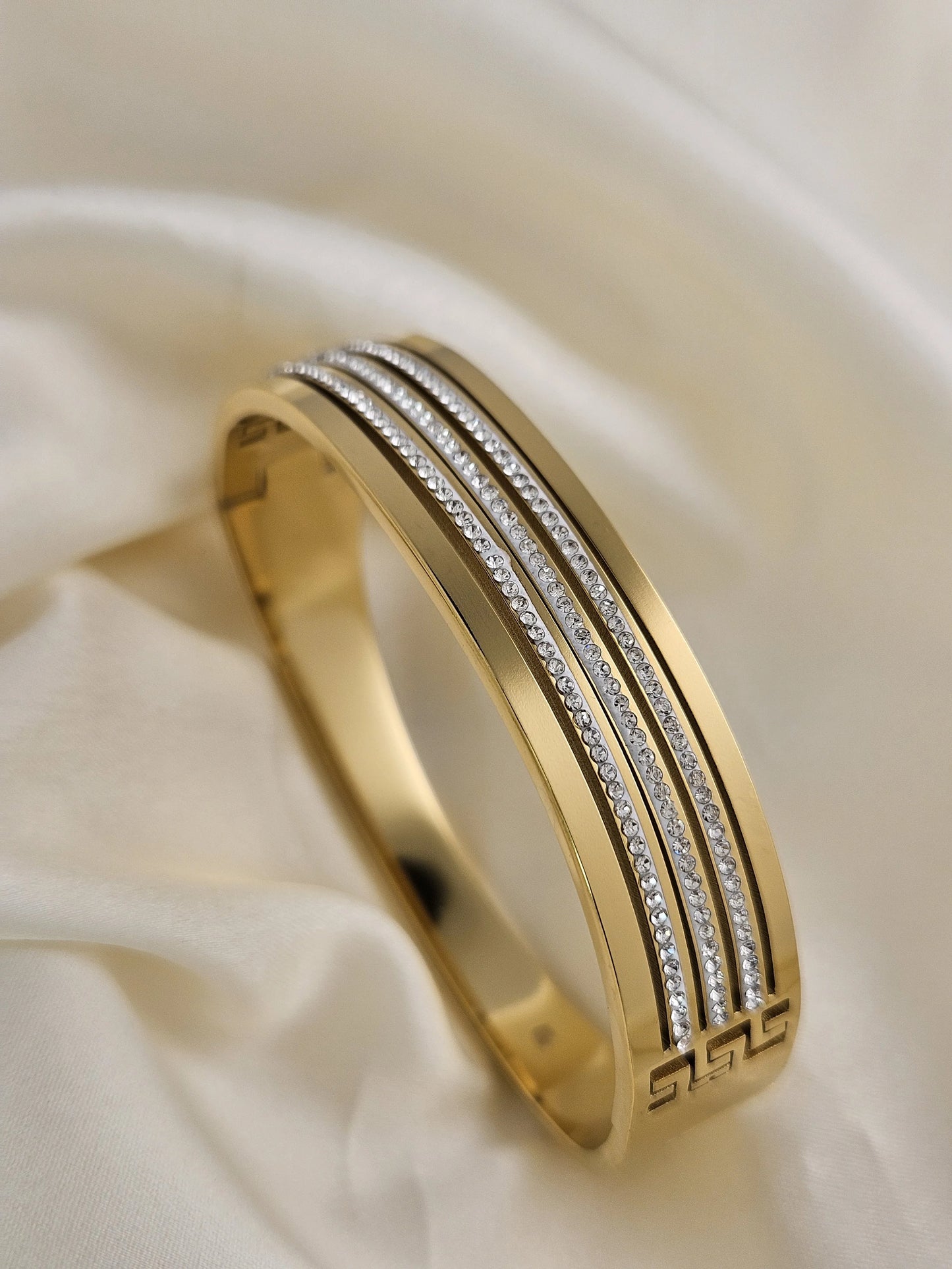Gold Cuff Bracelet with Triple Row Crystals – Luxury Statement Jewelry | Vivoura Jewellery