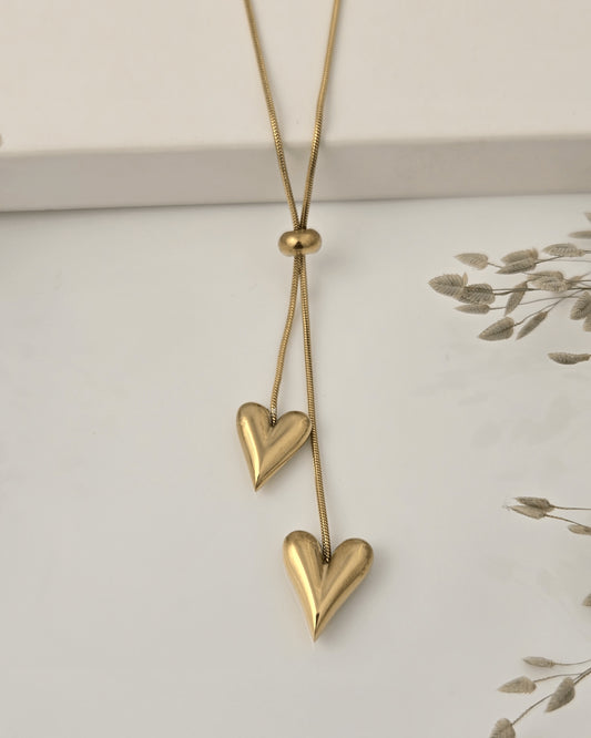 Dual Heart Gold Necklace | Adjustable Statement Piece by Vivoura Jewellery