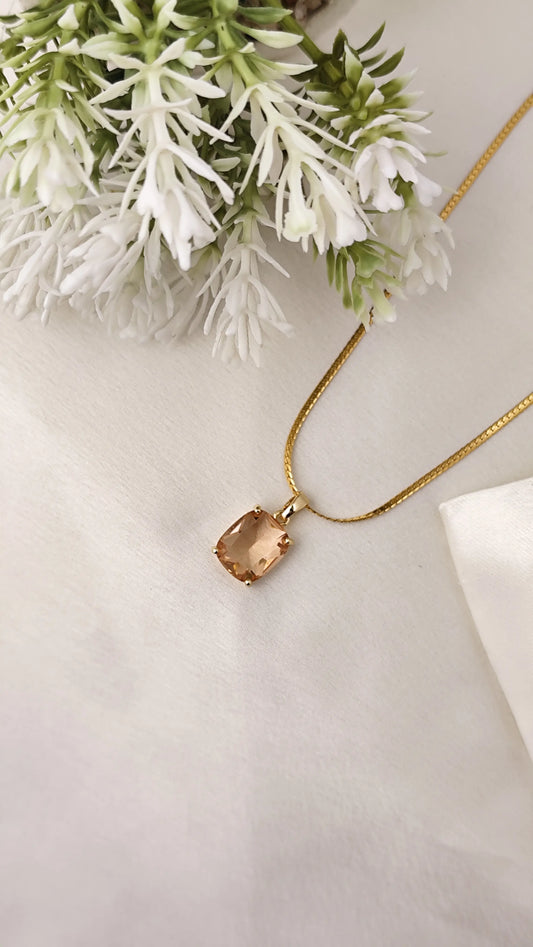 Gold Box Chain Necklace with Rose Quartz Cushion Pendant | Vivoura Jewellery