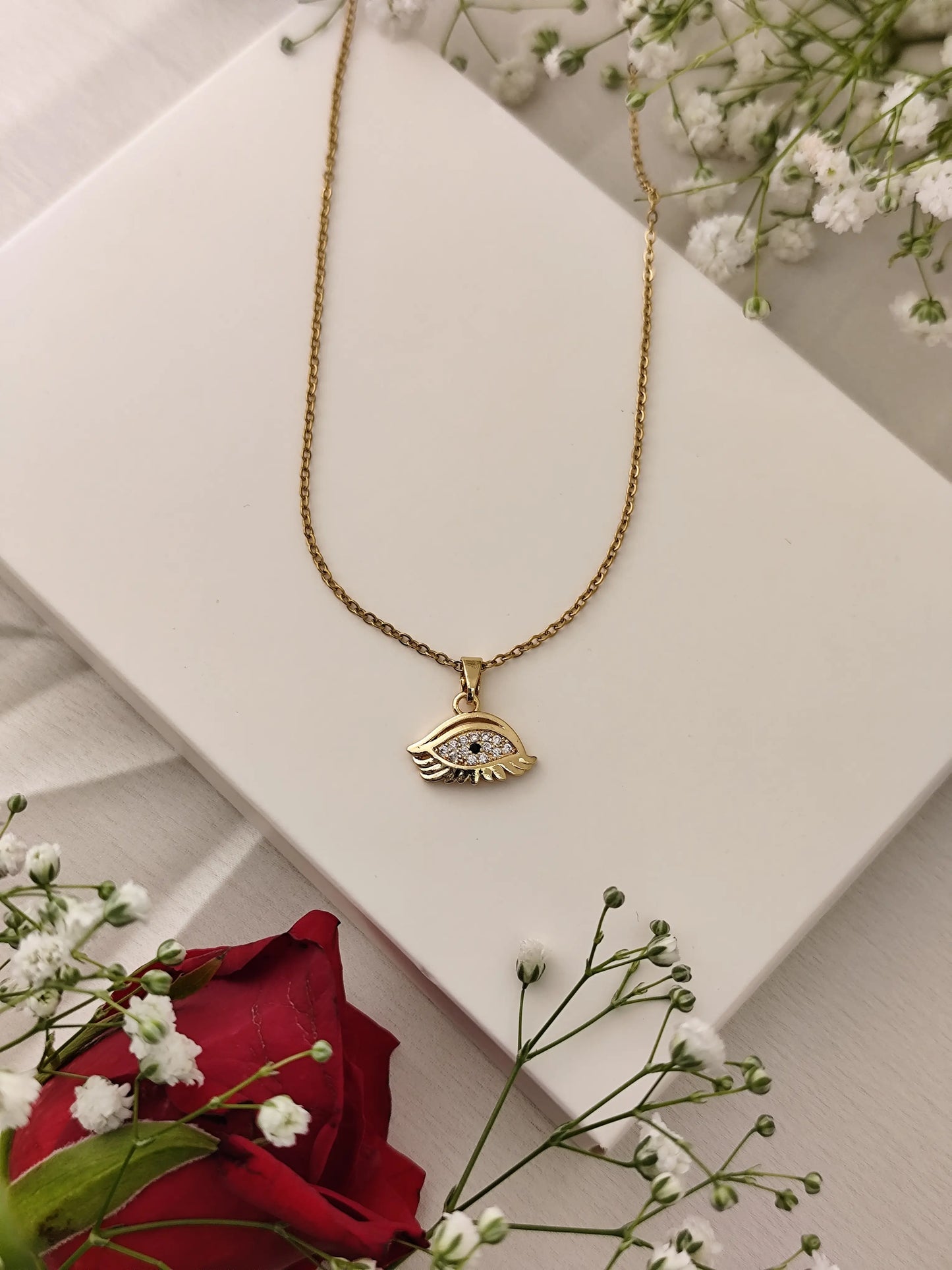 Gold Evil Eye Pendant Necklace – Crystal Studded Charm for Protection