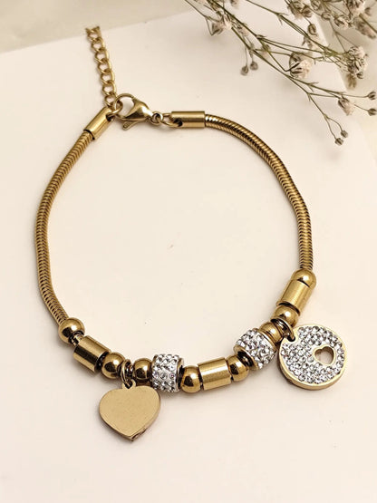 Gold Charm Bracelet with Heart & Crystal Disc – Stylish Statement Jewelry