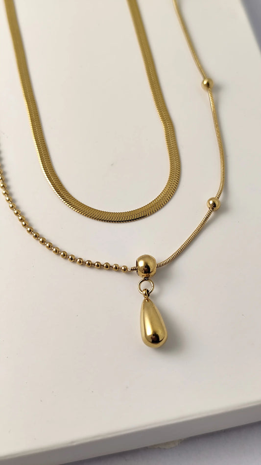 Double Layered Gold Necklace with Teardrop Pendant | Vivoura Jewellery