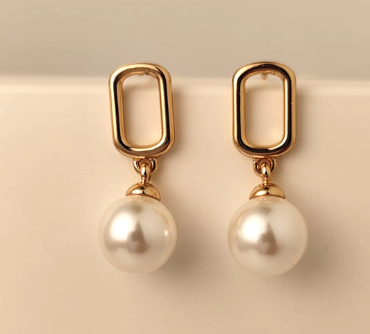 Rose Gold Rectangular Pearl Drop Earrings – Elegant Dangle Earrings