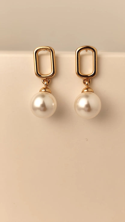 Rose Gold Rectangular Pearl Drop Earrings – Elegant Dangle Earrings
