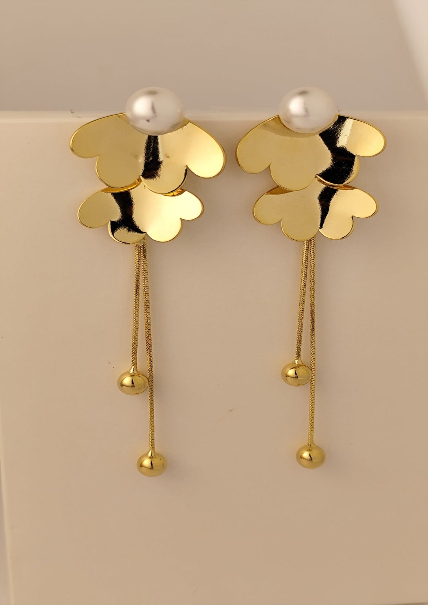 Gold Floral Drop Earrings with Pearl Studs – Elegant Long Dangle Earrings