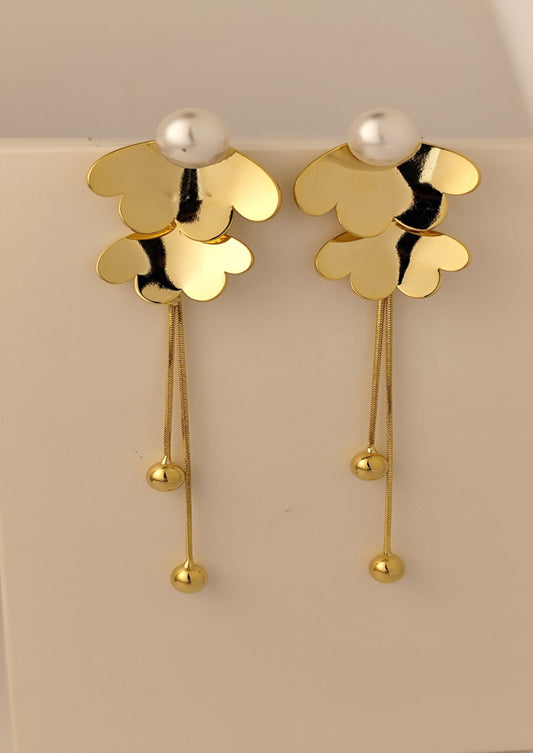 Gold Floral Drop Earrings with Pearl Studs – Elegant Long Dangle Earrings