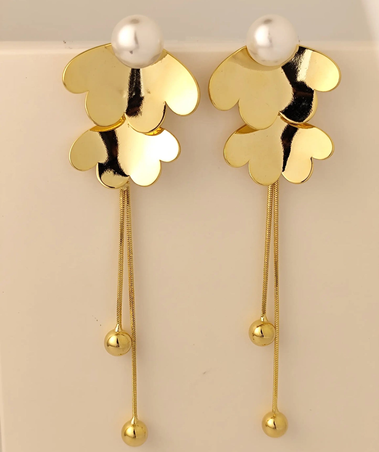Gold Floral Drop Earrings with Pearl Studs – Elegant Long Dangle Earrings