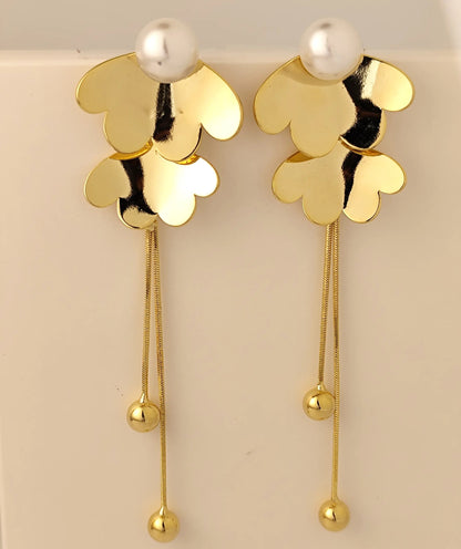 Gold Floral Drop Earrings with Pearl Studs – Elegant Long Dangle Earrings