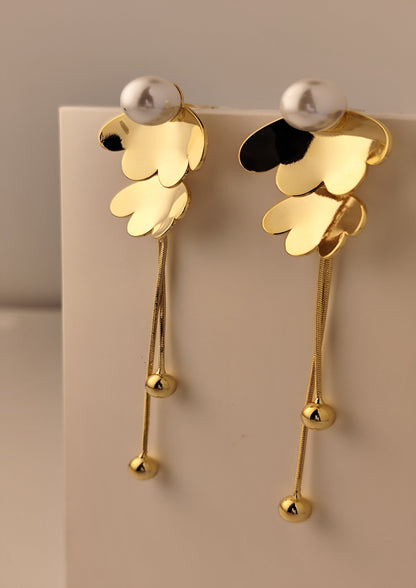 Gold Floral Drop Earrings with Pearl Studs – Elegant Long Dangle Earrings