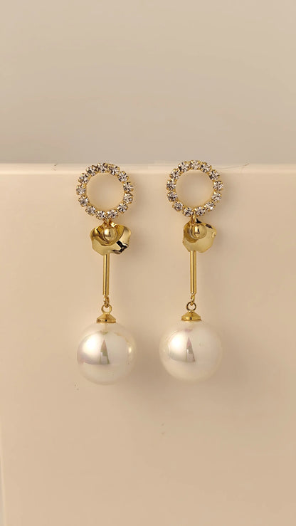 Gold Crystal Circle Pearl Drop Earrings – Elegant Dangle Earrings