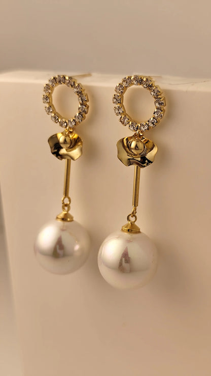 Gold Crystal Circle Pearl Drop Earrings – Elegant Dangle Earrings