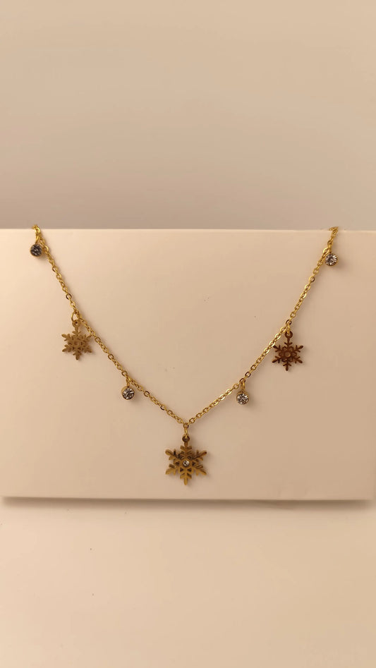 Elegant Gold Snowflake Necklace with Crystal Charms – Winter Jewelry